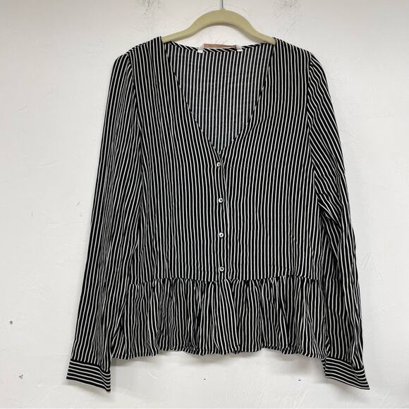 Zara Trafaluc Black & White Striped Long Sleeve Peplum Hem Button Front Shirt L - Picture 1 of 8